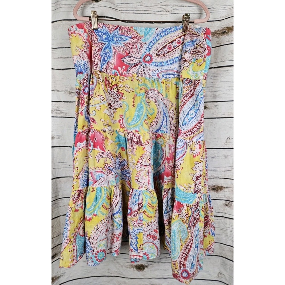 Lauren Ralph Lauren Paisley Print 100% Linen Skirt 1X Tiered Midi Boho Festival